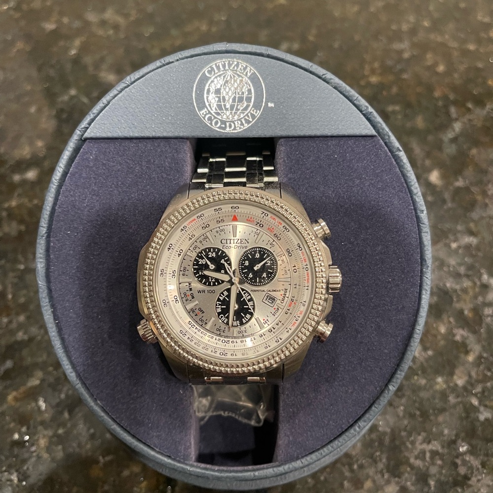 Citizen Eco-Drive Perpetual Chronograph Mens Watch, Stainless Steel.